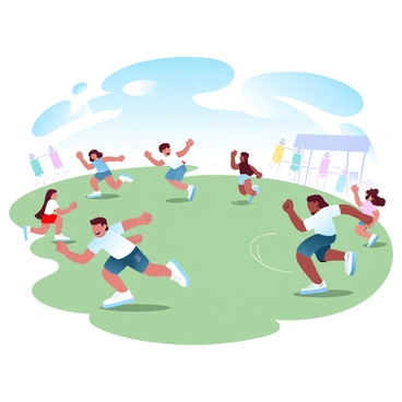 A group of students is playing outside during recess, engaged in games such as "tag" and jump rope. Several children are running energetically across a grassy field, while others are jumping rope in pairs, their movements synchronized. A few students are laughing and cheering as they participate in the games. The sky is bright with "blue" and there are "fluffy white clouds" scattered throughout. Colorful playground equipment is visible in the background, adding to the lively atmosphere.