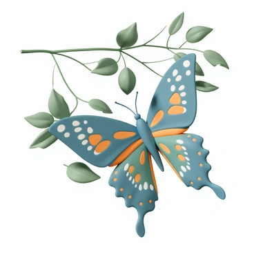 A colorful butterfly, with intricate blue and orange patterns on its wings, is emerging from a green cocoon. The cocoon hangs from a slender branch, surrounded by vibrant green leaves. The butterfly is in the process of spreading its wings wide, showcasing their full size and beauty. The sunlight filters through the leaves, casting soft shadows and illuminating the delicate details of the butterfly's wings as it prepares to take its first flight.