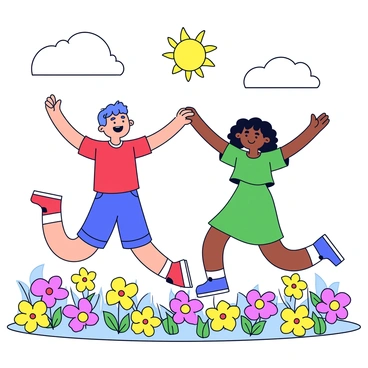 Two friends are jumping for joy, holding hands in a vibrant flower field. The friends are depicted as simple cartoon figures with cheerful expressions on their faces. They have colorful clothing, one wearing a red shirt and blue shorts, while the other is in a green dress. The flower field is filled with a variety of flowers in bright colors, including yellow, pink, and purple. The sky above is clear with a few fluffy white clouds. The sun is shining down on the scene, creating a joyful atmosphere.