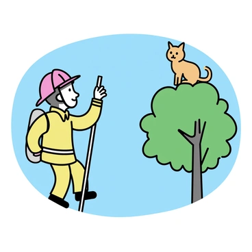 A cartoon firefighter character, wearing a bright red helmet and yellow protective gear, is climbing a silver ladder. The firefighter's expression shows determination as they reach up towards a fluffy orange cat sitting on a branch of a green tree. The tree has a sturdy trunk and lush green foliage, with the cat curiously watching the firefighter. The scene is set against a clear blue sky.