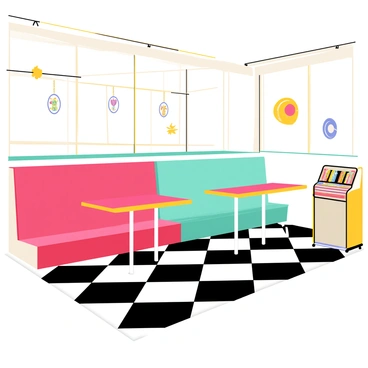 A retro diner interior featuring spacious booths in solid colors such as red and teal. The booths are arranged along the walls, offering a cozy atmosphere. The floor is decorated with a classic black and white checkerboard pattern, creating a striking contrast. Brightly colored tables sit in front of each booth, with chrome accents adding to the vintage feel. Neon signs hang on the walls, illuminating the space with a warm glow. A jukebox stands in the corner, filled with colorful records, inviting guests to enjoy music while dining.