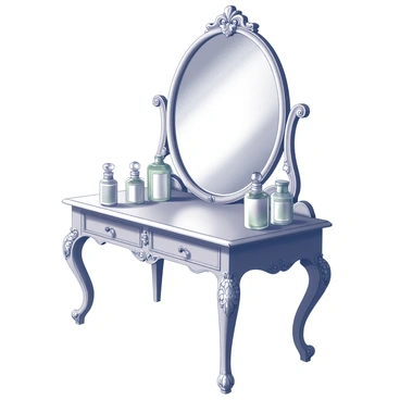 An antique vanity table with intricate carvings and a polished surface. The table is accompanied by a large ornate mirror with a decorative frame, featuring floral motifs and curvaceous edges. Surrounding the mirror, there are several vintage perfume bottles, each with unique shapes and sizes, some with crystal stoppers and others with decorative patterns. The scene conveys a sense of elegance and nostalgia, with the soft reflections of the mirror capturing the essence of the vanity setup.