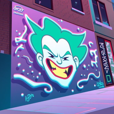 A vibrant joker graffiti mural covering an entire urban alley wall. The mural features a large, exaggerated joker face with bright green hair and a wide, mischievous grin. The colors are bold, including deep purples, electric blues, and vivid yellows. Around the joker, there are swirling patterns and dynamic shapes that enhance the energetic vibe. The background of the mural showcases urban elements like bricks and concrete, with hints of peeling paint and other graffiti tags. The scene is illuminated by soft, ambient street lighting, creating a contrast with the vivid colors of the mural.