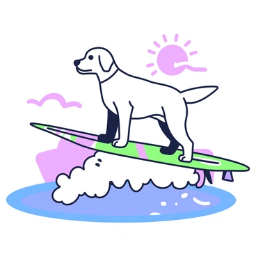 A Labrador is balancing on a surfboard, riding a wave. The surfboard is colored and designed with patterns, positioned atop a cresting wave. The Labrador has a shiny coat and is focused, standing upright on the board with its paws placed securely. The background depicts an ocean scene, with the wave curving around the surfboard, and foam forming at the peak of the wave. In the distance, a bright sky is visible, with clouds scattered above.