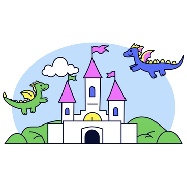 A castle with tall, colorful towers and a large entrance gate. The walls of the castle are adorned with flags that flutter in the breeze. Surrounding the castle are three friendly dragons, each in different vibrant colors: one is green, another is blue, and the last one is purple. The dragons are playfully hovering in the air, with cheerful expressions on their faces. The landscape features rolling hills with lush greenery and a clear blue sky overhead.