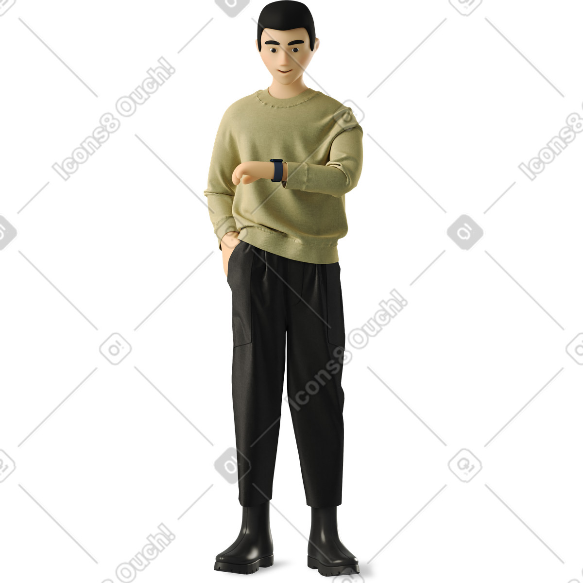 Young man standing and looking at his watch illustration in 3D Business style download in PNG, SVG