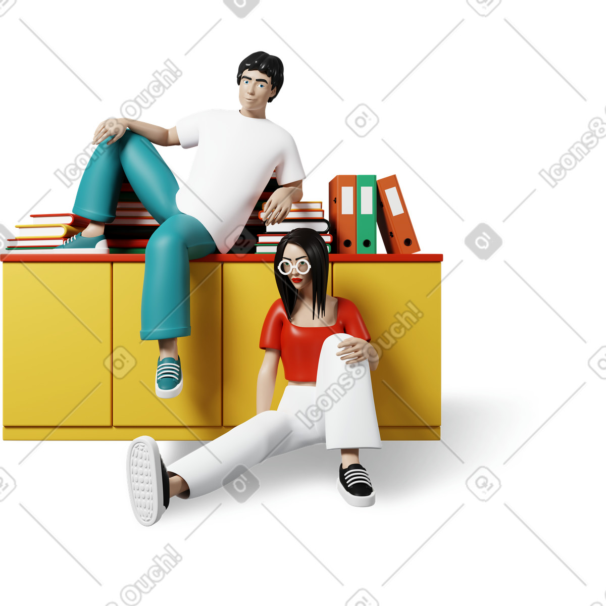 Donna e uomo seduto con cartelle illustrazione in stile 3D Plastic people scarica in PNG, SVG