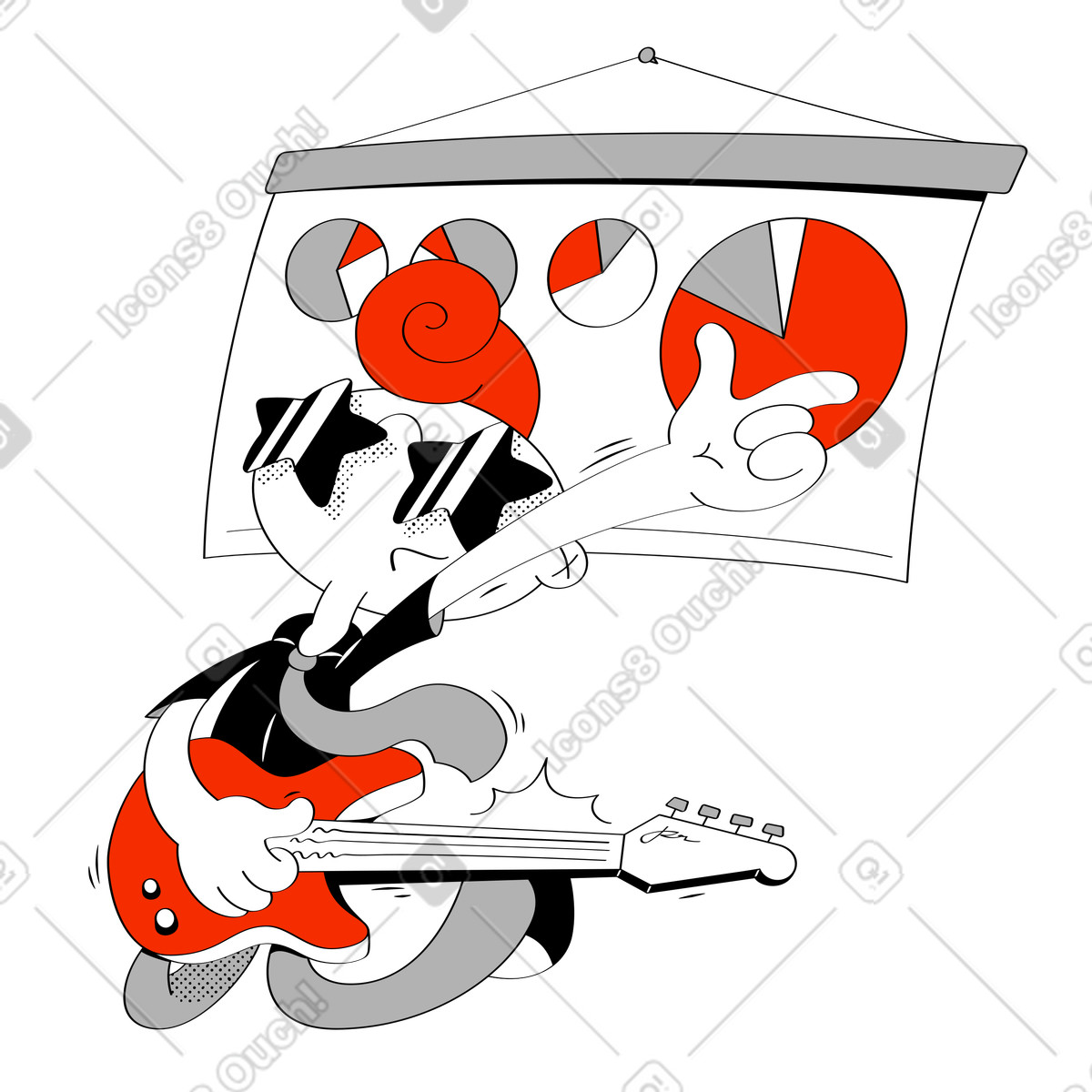 Illustration Mec cool dans les tons jouant de la guitare lors présentation du travail le style Looney à télécharger aux formats PNG, SVG