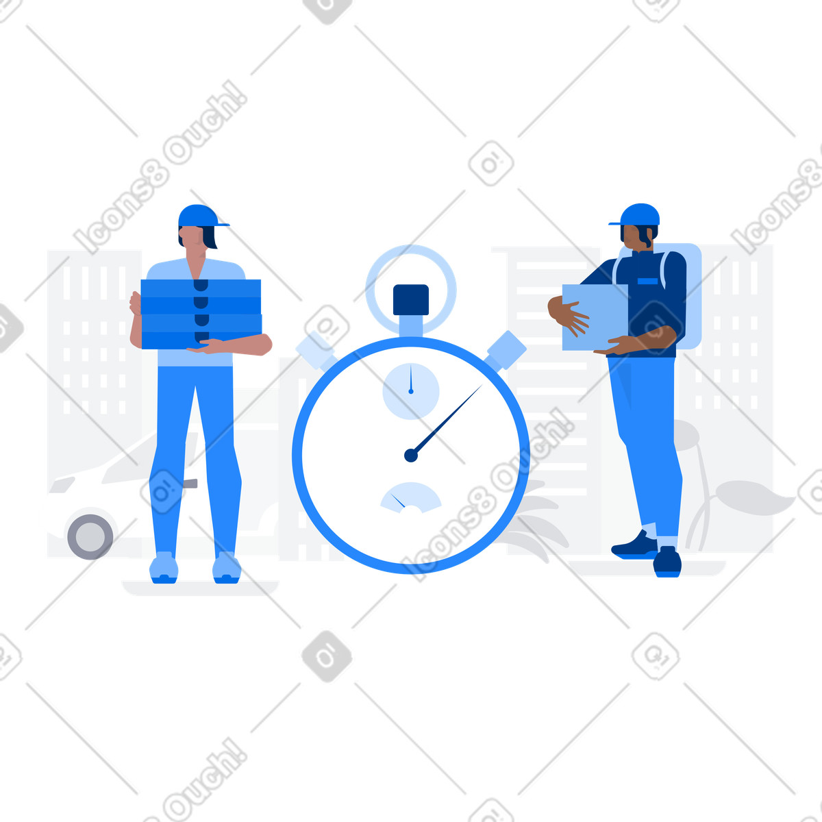 Ilustración Couriers with packages and stopwatch, Fast delivery express shipping en estilo Urban a descargar en PNG y SVG