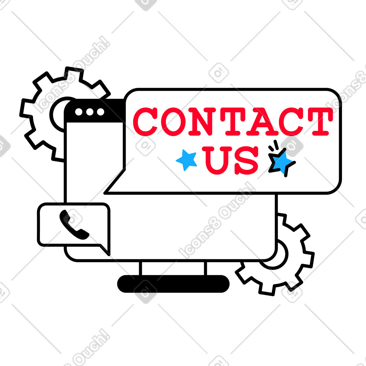 Lettering Contact Us in speech bubble with screen text illustration Transistor style download PNG, SVG