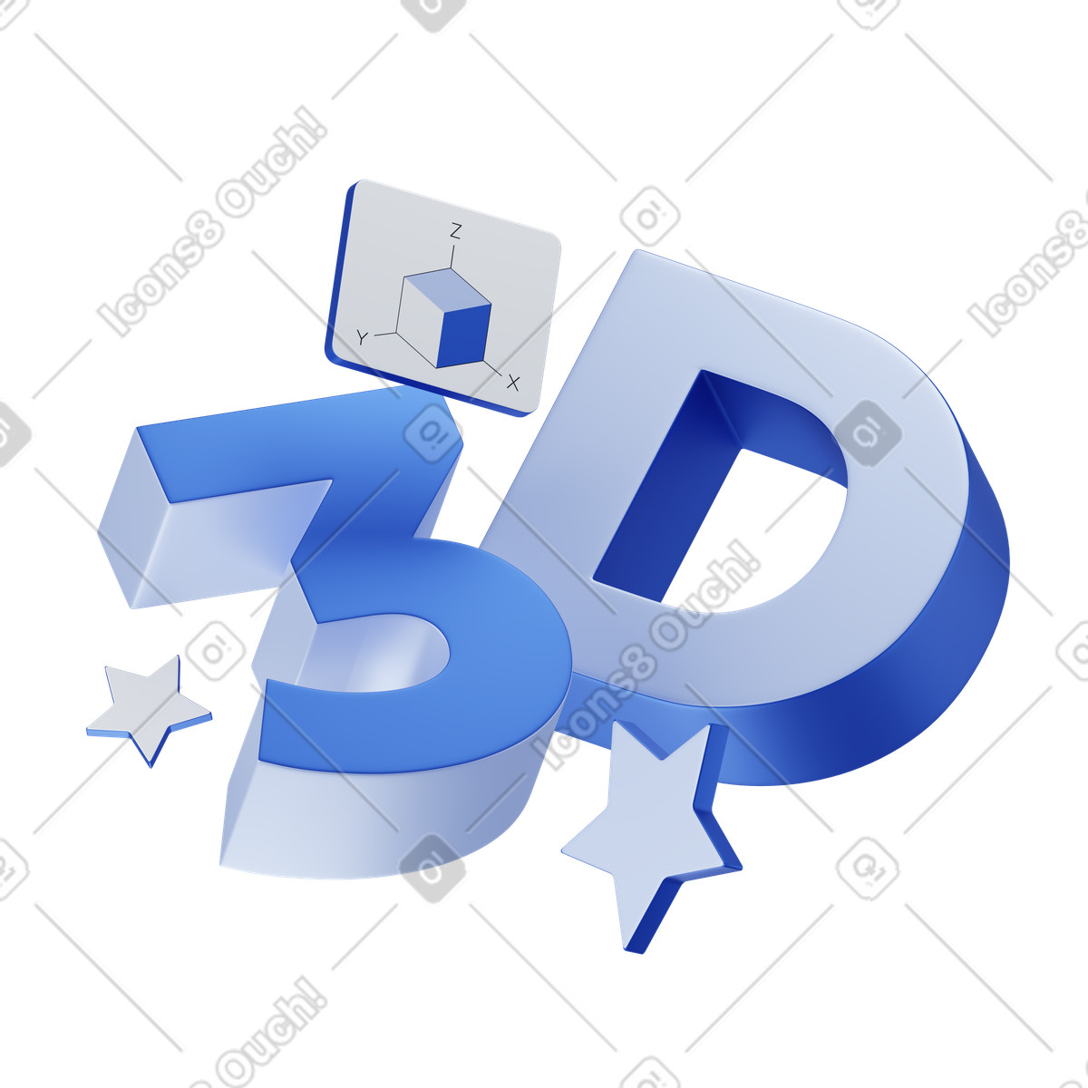 Floating 3D lettering with stars and XYZ axis cube illustrazione animata in stile Techny scaricabile in GIF, Lottie (JSON), AE