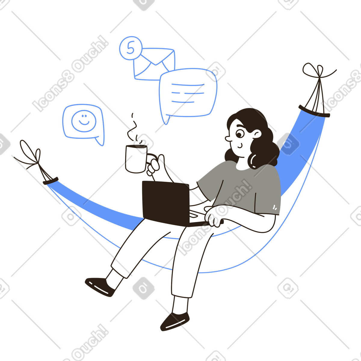 Ilustración animada de Trabajador remoto en un entorno informal en una hamaca, productividad y equilibrio entre vida laboral y personal en GIF, Lottie (JSON), AE
