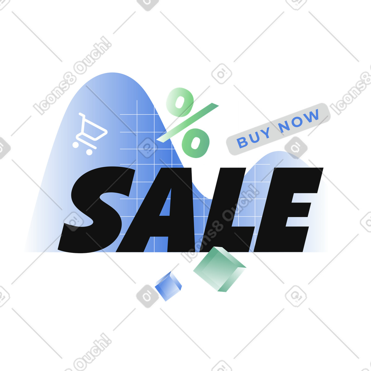 Ilustración Venta de letras con carteles porcentaje y carrito compras en estilo Network a descargar en PNG SVG