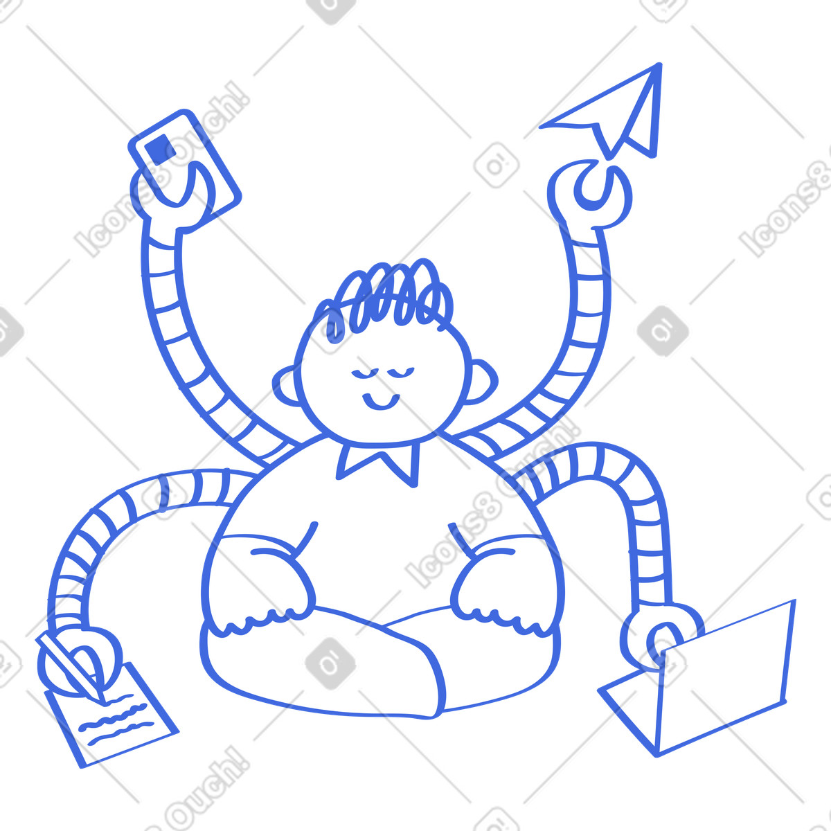 Ilustración Automation robot arms helping worker manage smartphone laptop paperwork and email en estilo Ballpoint Pen a descargar en PNG y SVG