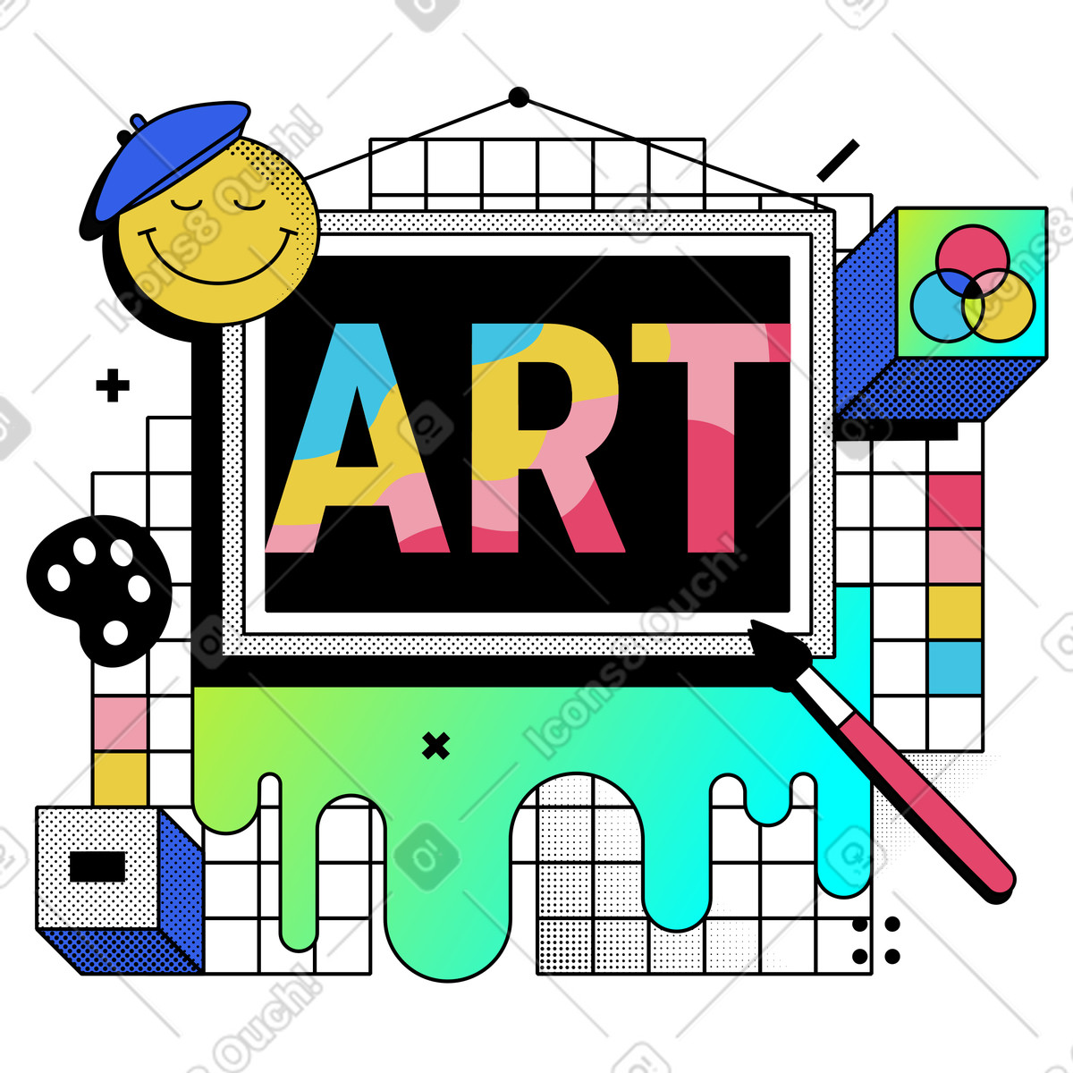 Illustration Peinture avec texte art et attributs artistiques dans le style Memphis à télécharger aux formats PNG, SVG