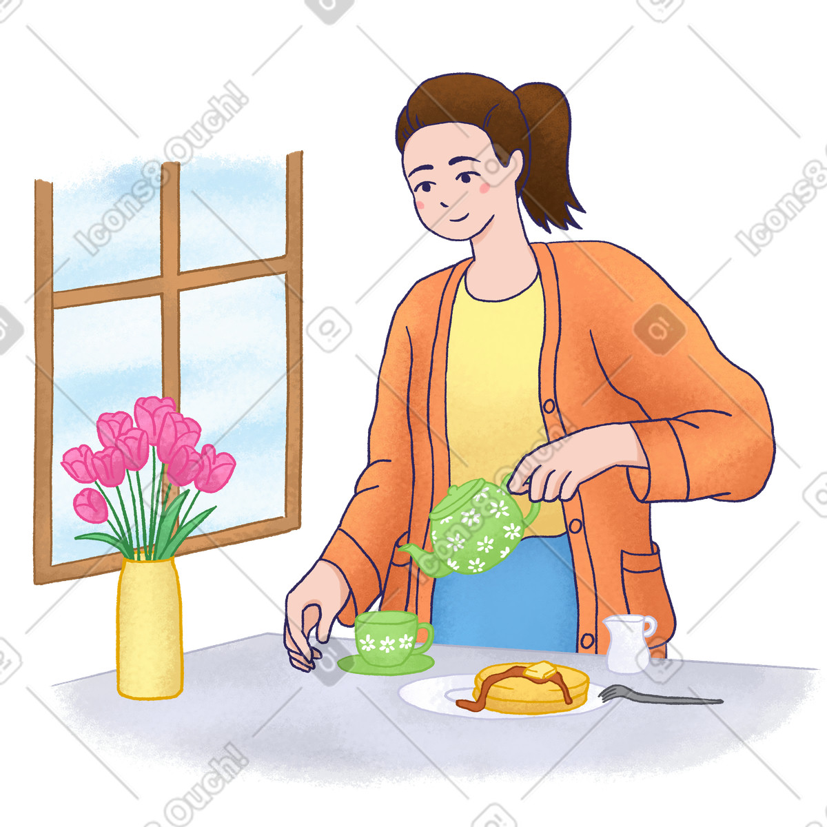 Woman making breakfast in the kitchen illustration Hue style download PNG, SVG