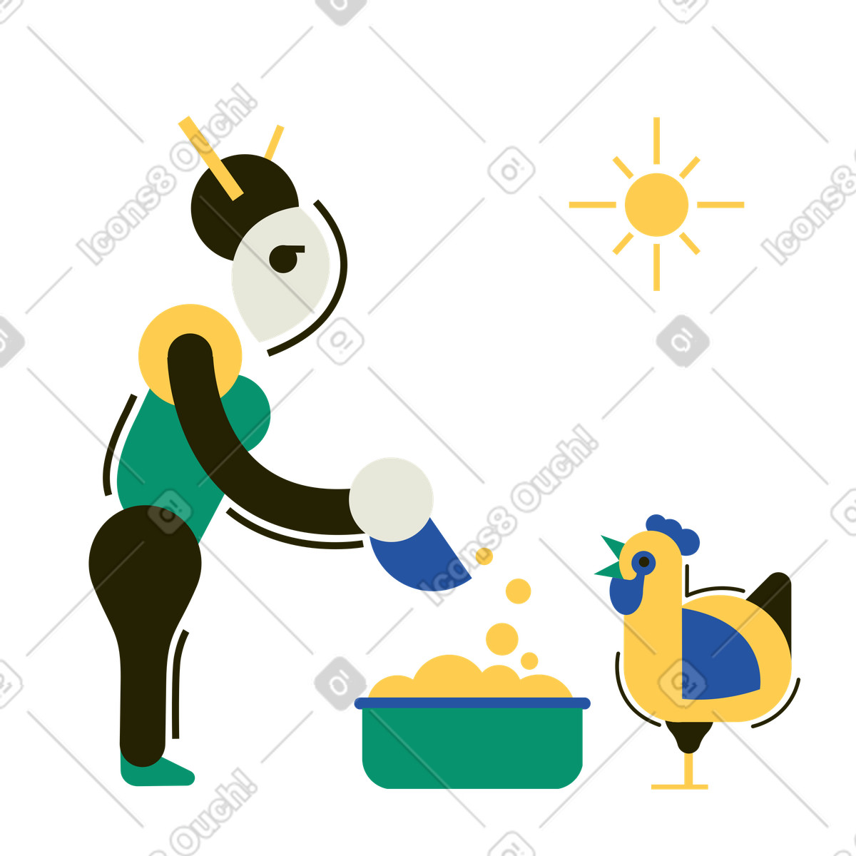 Illustration Femme nourrissant des poulets à la ferme dans le style Spot télécharger aux formats PNG, SVG