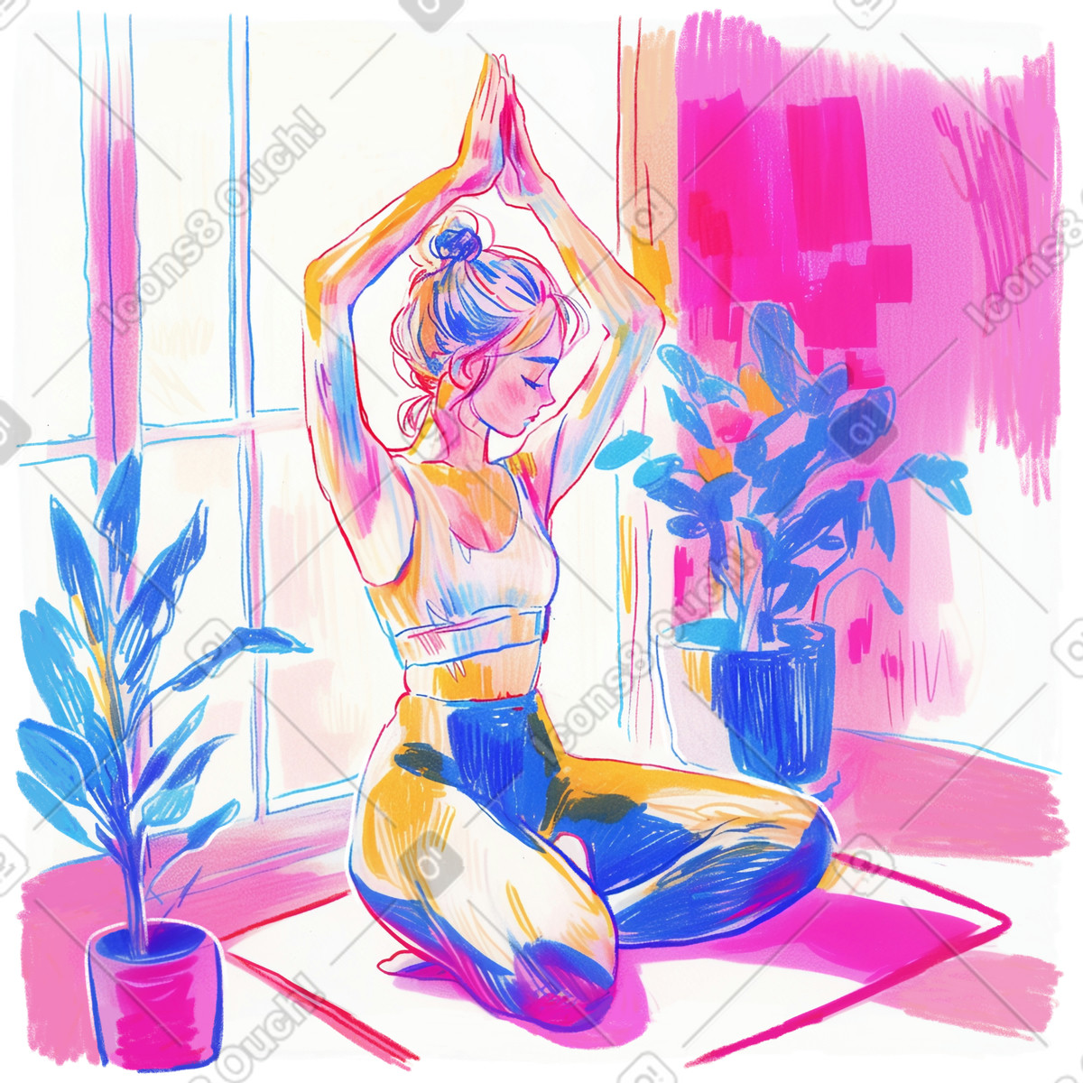 Illustration Jeune femme faisant du yoga sur un tapis dans le style Fuchsia à télécharger aux formats PNG, SVG