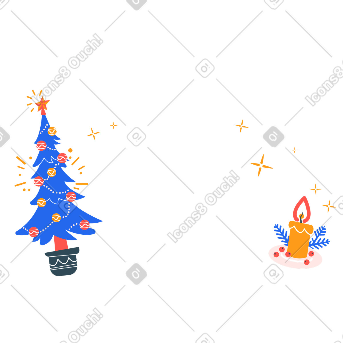 Decorated Christmas tree and lit candle, Festive holiday background illustration in Kingdom style download in PNG, SVG