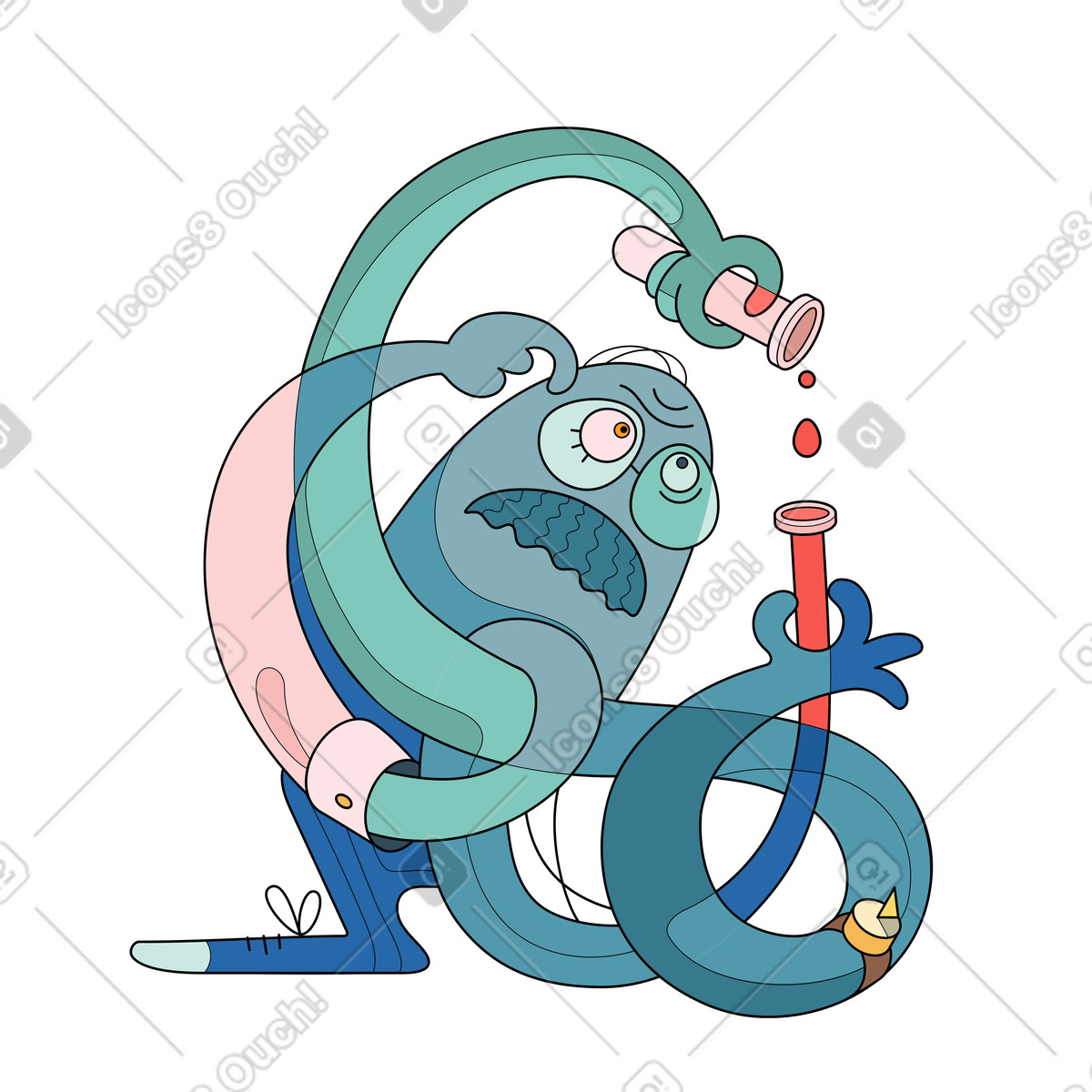 Atomic スタイルの Creature with tangled arms mixing chemicals, Scientific experiment and observation のイラストをPNG、SVG形式でダウンロード