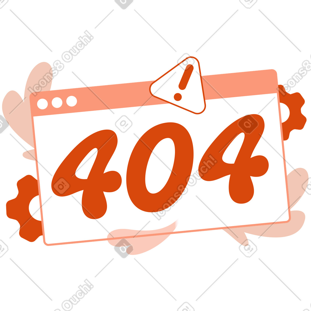 404 error message with gears and warning sign, Website not found or server page illustration in Orange style download in PNG, SVG