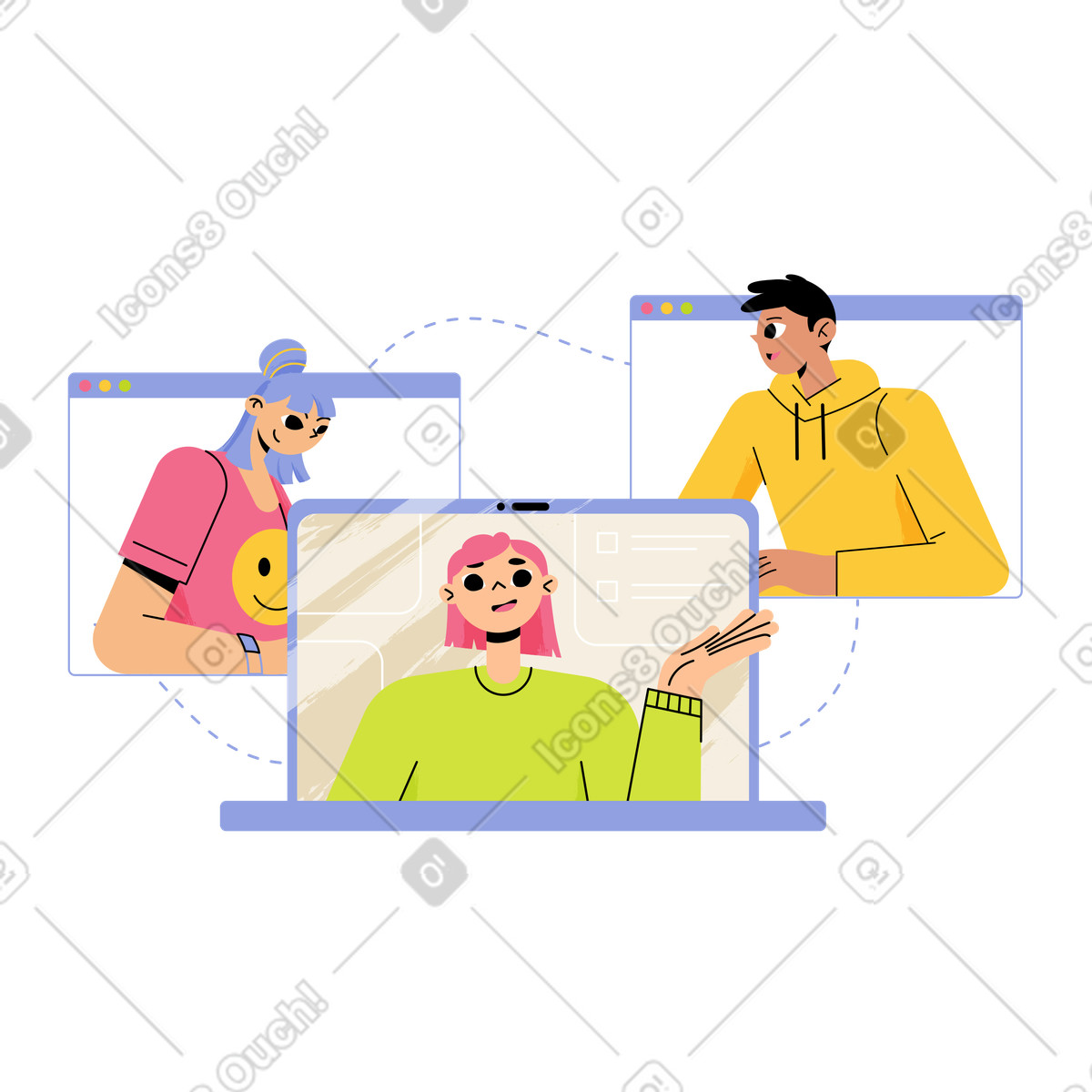 Team collaborating over video call, Remote project management or online meeting illustration in Juicy style download in PNG, SVG