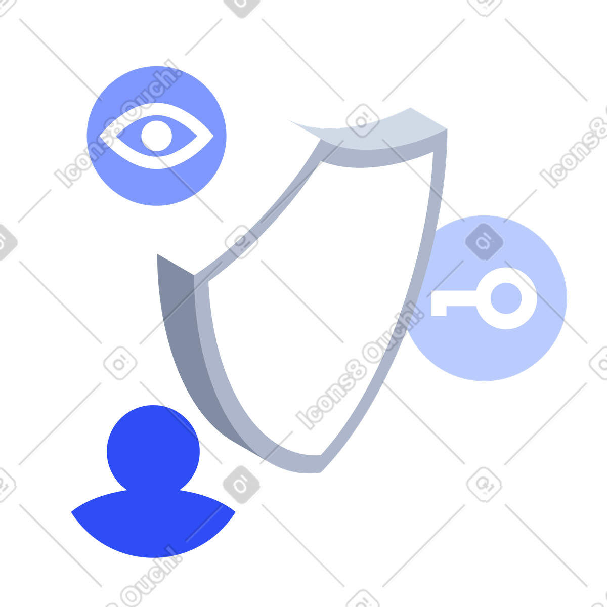 Privacy icons around shield, online security and data encryption illustration in System style download in PNG, SVG