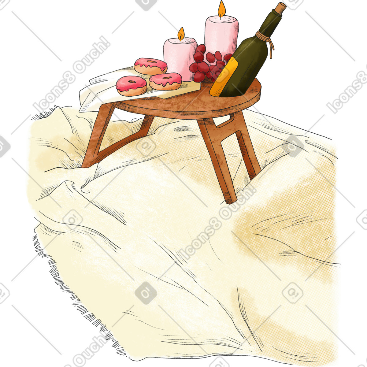 Ilustração de Wooden table with sweets and wine on the bedspread em no estilo Moments para baixar em PNG, SVG
