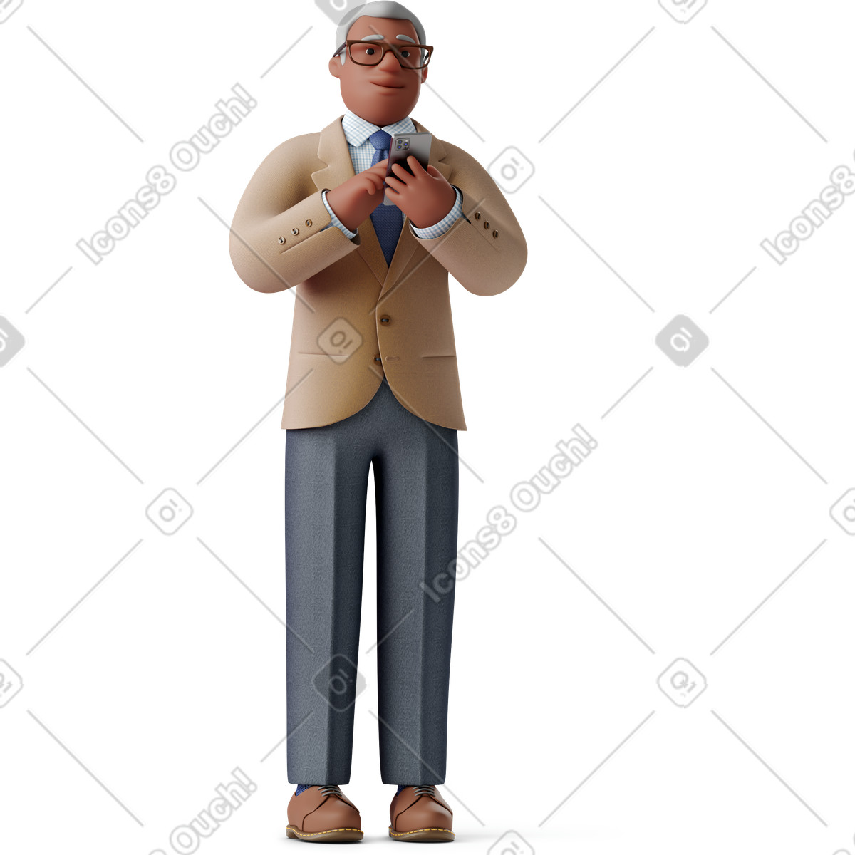Ilustración Viejo hombre de negocios pie con el teléfono en ambas manos estilo 3D Business a descargar PNG y SVG