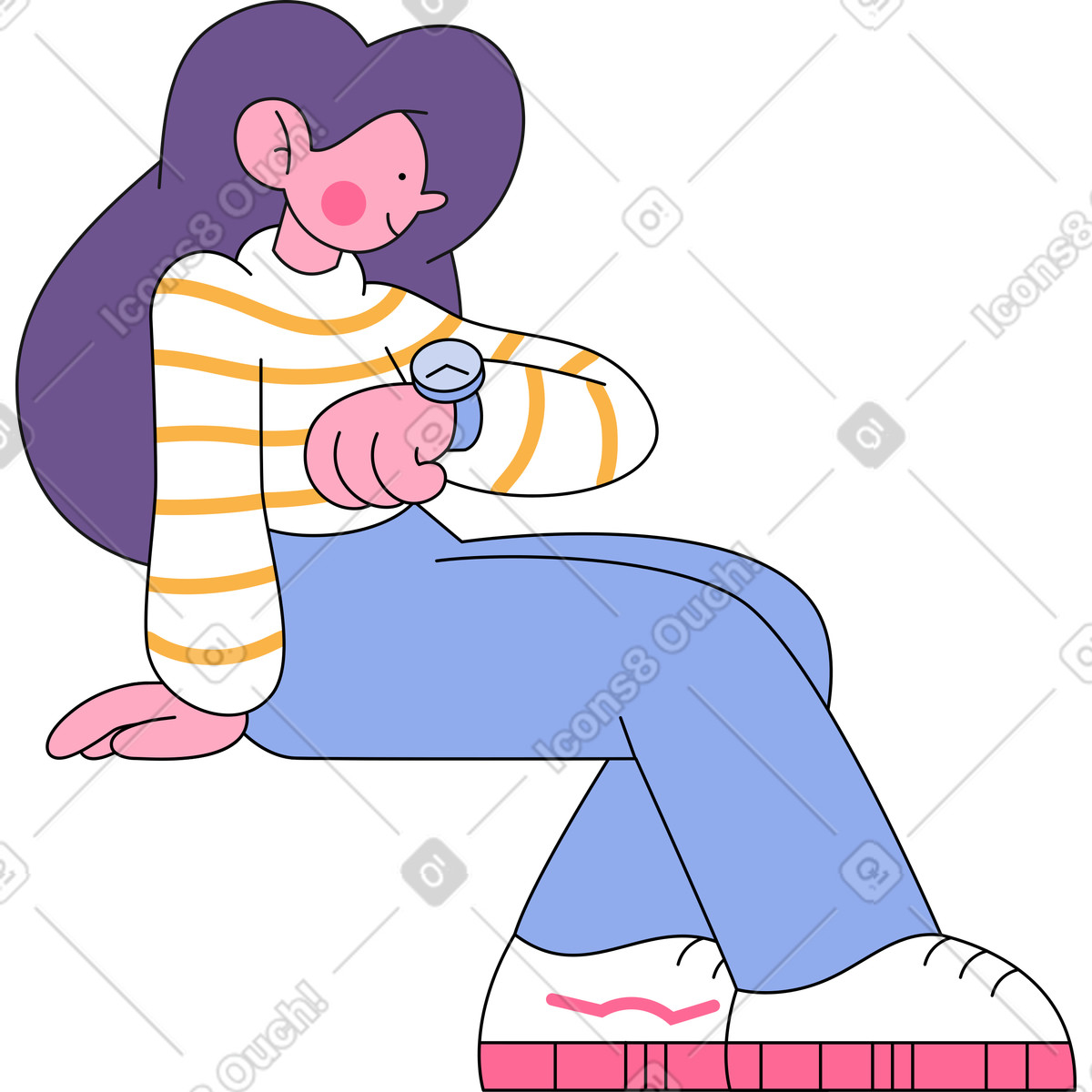 Mädchen im gestreiften sweatshirt, das auf ihre uhr schaut-Illustration Bloom-Stil als Download in PNG, SVG