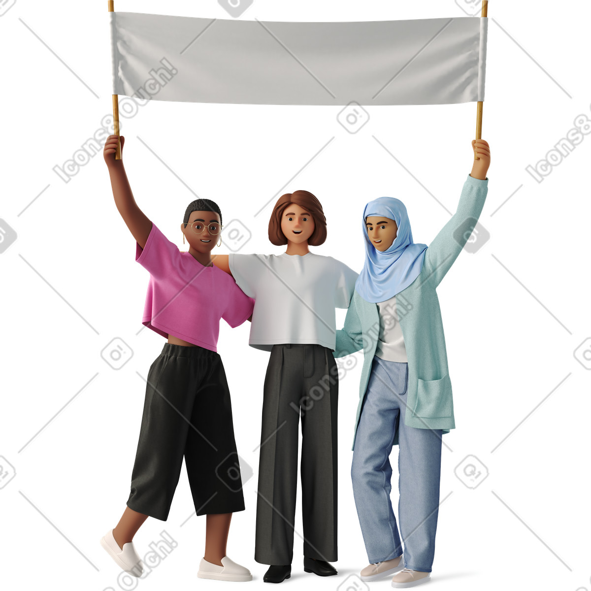 3D Business 스타일의 Three women with a banner 일러스트레이션 PNG, SVG 다운로드
