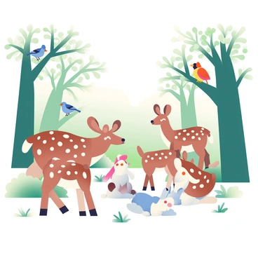 A variety of animals are gathered in a forest clearing. A group of deer with brown and white spotted coats are standing together, ears perked up in attention. Nearby, a family of rabbits with fluffy white fur is sitting on their haunches, gazing toward the source of the sound. A colorful array of birds, including a blue jay and a red cardinal, are perched on the branches of tall green trees, singing harmoniously. The forest is lush with greenery, and the sunlight filters through the leaves, creating dappled patterns on the ground. The animals appear engaged and curious, creating a lively atmosphere in the clearing.