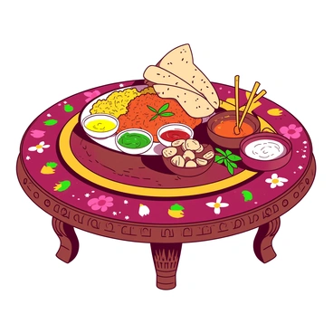 A vibrant thali is placed on a richly patterned tablecloth, showcasing a variety of traditional Indian dishes. The thali is circular and contains small bowls filled with a mix of dishes such as yellow dal, red curry, green chutney, and orange rice. There are also pieces of naan and a small bowl of white yogurt placed on the side. The table has intricate carvings and is adorned with colorful decorative elements like floral patterns and brass utensils. The overall arrangement is inviting and celebrates the diversity of Indian cuisine.