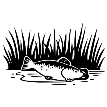 A largemouth bass partially submerged in water, with its body angled slightly as it peeks through a dense cluster of reeds along the lake's edge. The reeds are tall and lush, swaying gently in the water. The surface of the lake reflects the outline of the reeds, creating a textured pattern above the fish. Small ripples disturb the water's surface around the bass, indicating its movement. The scene is tranquil, focusing on the natural habitat of the fish among the reeds.