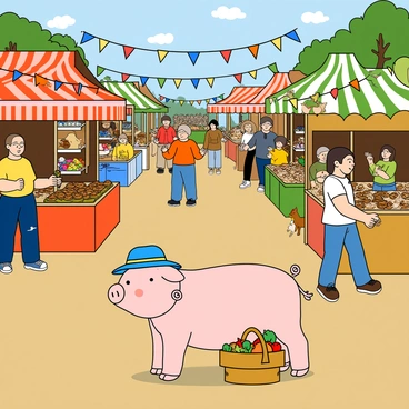 A small pink piglet with curly tails and large, expressive eyes is standing in the center of a lively country fair. The piglet is wearing a tiny blue straw hat and has a small basket beside it filled with colorful fruits and vegetables. Surrounding the piglet are various booths with bright banners displaying items such as handmade crafts, baked goods, and fresh produce. People of different ages, including children wearing bright clothing, are enjoying the fair, some playing games, while others are sampling food. In the background, there are lively decorations such as balloons and streamers, as well as a few farm animals, including chickens and a goat, adding to the cheerful atmosphere of the market.