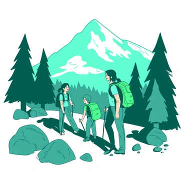 A teal family is hiking on a rocky mountain trail, surrounded by lush green trees. The family consists of four members, each carrying colorful backpacks and holding walking sticks. In the background, there are towering mountain peaks partially covered in snow. The family stops to take in the breathtaking view, with smiles on their faces as they gaze at the expansive landscape before them. Sunlight filters through the trees, casting dappled shadows on the ground.