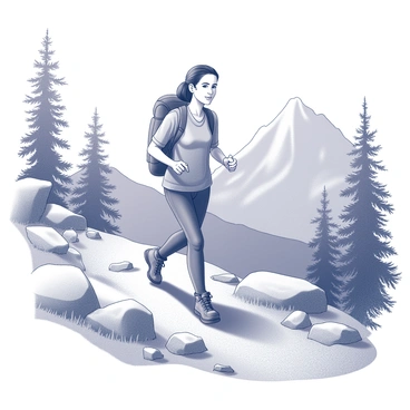 A woman named Sarah is hiking up a mountain trail. She is wearing a sturdy pair of hiking boots and has a well-equipped backpack secured on her back. The trail is flanked by rugged rocks and patches of grass, with tree branches gently arching overhead. In the background, the mountains rise steeply, covered in details of texture and elevation. The scene captures her determined expression as she navigates the path with focus and purpose.