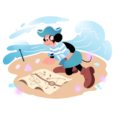 Minnie Mouse is dressed in a pirate outfit, complete with a tricorn hat and a striped shirt. She is kneeling on a sandy beach, focused on an old treasure map spread out before her. The map is adorned with markings and an "X" that indicates the treasure's location. Surrounding her are scattered seashells and a few palm trees swaying gently in the breeze. In the background, the ocean waves crash softly against the shore, adding a sense of adventure to the scene.