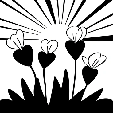 A black-and-white illustration of a silhouette of "bleeding heart" flowers with unique shapes, positioned prominently in the foreground. The flowers have intricate, drooping petals and are arranged thoughtfully. The background features a contrast of radiating lines, representing a sunset sky. The overall composition emphasizes the distinct shapes of the flowers against the patterned backdrop.