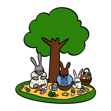 A family of rabbits having an Easter picnic under a large oak tree. There are three rabbits: a mother rabbit with light gray fur, wearing a floral dress, a father rabbit with brown fur, wearing a blue checked shirt, and a small bunny with white fur, wearing a yellow bowtie. The picnic blanket is spread out on the grass, covered with colorful eggs and an assortment of snacks like carrots, lettuce, and a basket filled with sweets. The oak tree has a thick trunk and a lush canopy of green leaves, providing shade for the picnic. Sunlight filters through the leaves, creating dappled shadows on the ground.