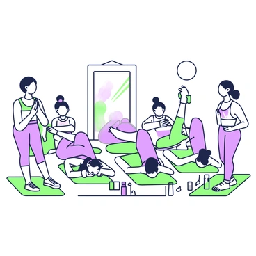 A group fitness class is performing crunches in unison on green yoga mats. In the center, five individuals are lying on their backs with their knees bent and feet flat on the mats. Each participant has their hands placed behind their heads. The individuals are focused and demonstrating proper form as they lift their upper bodies off the mats in a coordinated manner. Around them, there are several colorful water bottles placed on the floor, and a large mirror on the wall reflects their synchronized movements. Some participants are wearing athletic clothing with varying patterns and colors, adding to the lively atmosphere of the class.