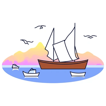 A wooden ship with a brown hull is docked at a quiet harbor with gentle water. The ship has white sails furled and a tall mast. Surrounding the harbor are a few small boats bobbing lightly in the water. The water reflects the soft colors of the evening sky, which has light hues of orange and pink. There are a couple of seagulls flying overhead. The scene is tranquil and devoid of any people, emphasizing the stillness of the environment.