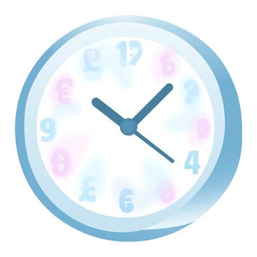 A round wall clock with hands indicating the time. The clock face is filled with various currency signs such as "$", "€", "£", "¥", and others positioned in place of the traditional numbers. The clock's frame is made of polished metal with a shiny finish. The background of the clock face features a gradient pastel color scheme, transitioning from soft pink to light blue. The clock hands are elegantly designed, pointing towards the current time while the currency signs create a unique and visually striking pattern.