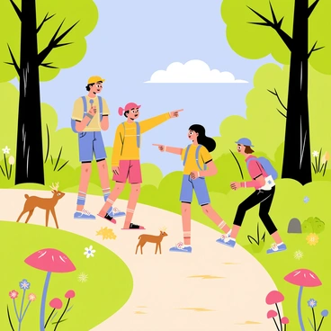 A group of four adolescents is on a nature hike, walking along a narrow dirt path surrounded by lush greenery. Two boys and two girls, dressed in colorful hiking gear, are pointing excitedly at a small group of deer grazing nearby. In the foreground, a variety of vibrant wildflowers bloom, adding splashes of color to the scene. Tall trees frame the path, their leaves forming a canopy overhead. A bright blue sky is visible above, dotted with a few fluffy white clouds. One of the girls is crouching down to examine a cluster of mushrooms growing on the forest floor.