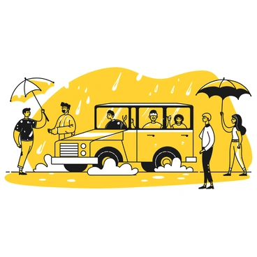 A jeepney with a colorful exterior is driving through large puddles on a rainy day. Water splashes up from the tires as the vehicle moves forward. Several people are standing nearby, each holding a different umbrella, which creates a playful scene. The individuals are dressed in various casual clothing, some wearing raincoats. Raindrops can be seen falling around them, creating a lively atmosphere of a wet and bustling street.