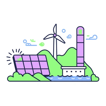 A set of icons representing renewable energy sources is arranged on a plain background. The first icon depicts a solar panel, illustrated with a grid pattern on its surface and rays emanating from it, symbolizing sunlight. Next to it is a wind turbine, showcasing three blades and a tall tower, with circular arrows indicating movement. Finally, the hydro energy icon represents a flowing river with a dam in the background, accompanied by waves symbolizing water flow. Each icon is clearly defined, with minimalistic designs enhancing their visual representation.
