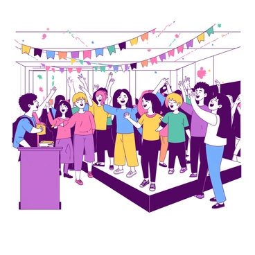 A group of excited students is standing in a school auditorium, cheering enthusiastically as a winner is announced. The students are wearing a mix of colorful clothing, creating a vibrant scene. In the background, there are colorful decorations hanging from the ceiling, including banners and streamers in two distinct colors. A podium is positioned at the front of the room, where a teacher is presenting an award. The atmosphere is filled with energy and anticipation as hands are raised in celebration.
