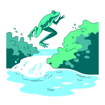 A teal frog is mid-jump, its legs stretched out gracefully in the air above a flowing white stream. The frog's body is slightly arched as it leaps, creating a sense of motion. Water droplets are splashing around where the frog takes off, and the surrounding environment features lush green foliage that frames the scene. The sunlight glimmers on the surface of the stream, reflecting the frog's vibrant energy.