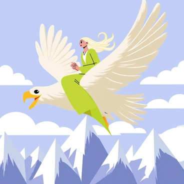"Galadriel" is depicted soaring through the sky on the back of a "majestic eagle." The eagle has large, powerful wings spread wide, showcasing intricate feather details. Below, "mountains" rise dramatically, with peaks capped in white snow and rocky textures. The sky is a bright blue with soft, fluffy clouds. "Galadriel" is wearing flowing, elegant robes that billow in the wind, and her hair is long and shimmering. She gazes ahead with determination, creating a sense of adventure and freedom.