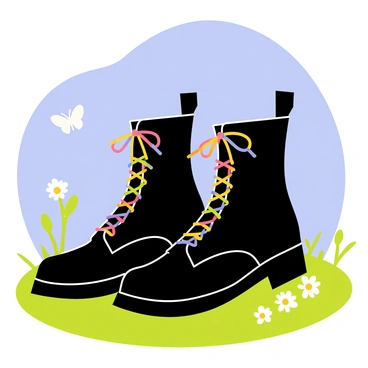 A pair of black Dr. Martens boots is positioned on a vibrant green grassy field under a clear blue sky. The boots feature rainbow-colored laces tied in neat bows. Sunlight casts light reflections on the glossy leather surface of the boots, highlighting their distinctive stitching and eyelets. There are a few daisies and butterflies scattered around the boots, adding a playful touch to the lively scene.